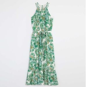 LOFT Palm Green Flounce Halter Midi Dress M